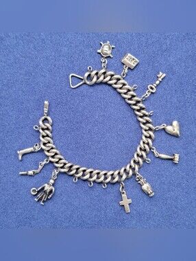 Antique Coin Silver Heavy Curb Link Charm Bracelet Size 7.25